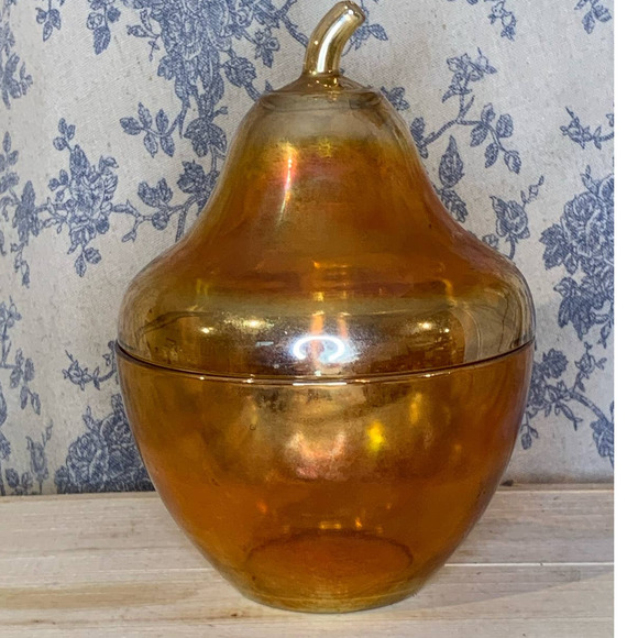 Vintage Carnival Glass Pear Covered Candy Dish Marigold - Picture 4 of 11